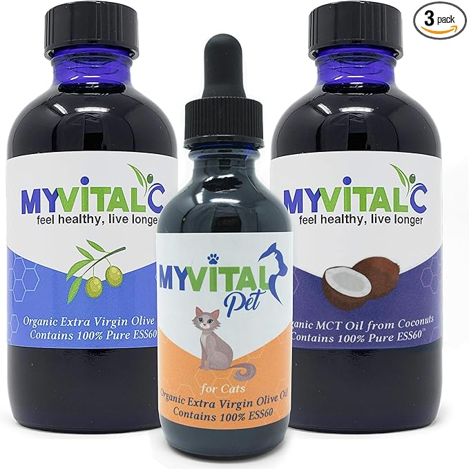 MyVitalC Combo ESS60 Organic Extra Virgin Olive Oil MCT Oil &amp MyVitalPet ESS60 Extra Virgin Olive Oil for Cats &amp Pets Salmon Flavored - Pack of 3