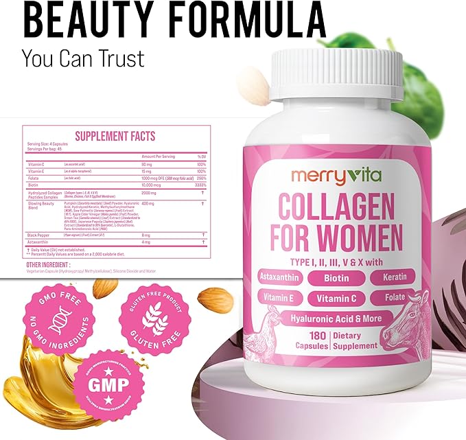 Collagen for Women – Hydrolyzed Multi Collagen Peptides Types I II III V &amp X – Collagen Supplement with Vitamin C Biotin &amp Hyaluronic Acid – Grass Fed Non-GMO - 180 Capsules (Pack of 1 Bo