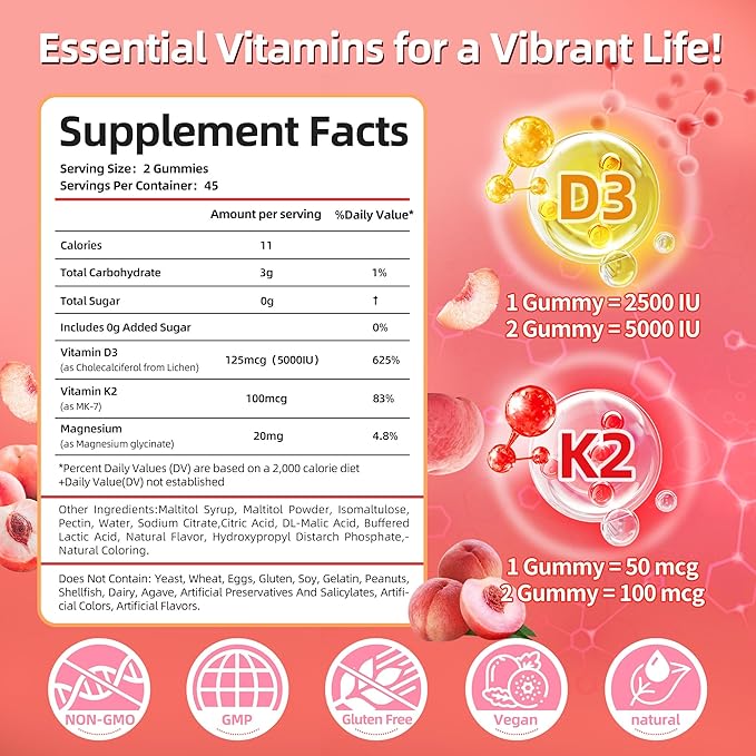 Vitamin D3 K2 Gummies w/Magnesium Sugar Free - 90 Count | D3 Vitamin 5000 IU + K2(MK-7) 100 mcg - Vegan K2 D3 Vitamin Supplement Highly Absorbent Supports Bone Muscle Mood &amp Immune(Peach Flavo