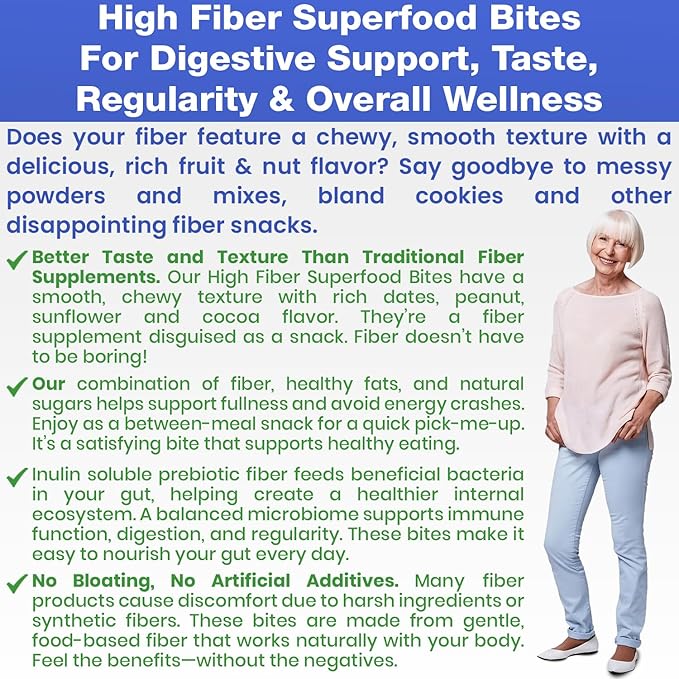 High Fiber Superfood Bites 5g Clean Fiber Snacks for Adults Peanut Cocoa Date Flavor High Fiber Foods No Added Sugar Vegan Fiber Snack Supports Digestion Regularity Gut Health Snack 30 Count