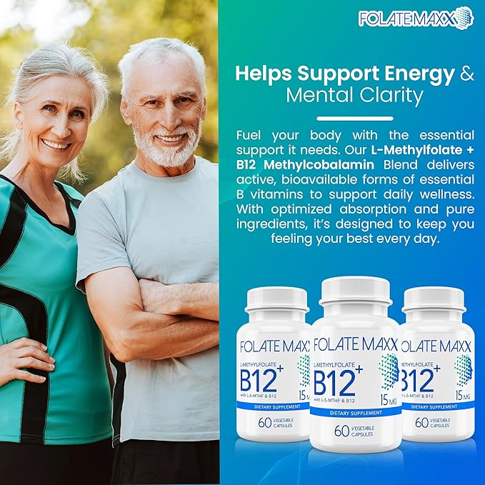 FolateMaxx L Methylfolate 15mg Plus B12 Methyl - 60 Capsules - 5-MTHF with B12 Methylcobalamin Supplement for Mood Methylation and Cognition - Bioactive Forms of Vitamin B9 &amp B12-2 Month Supply