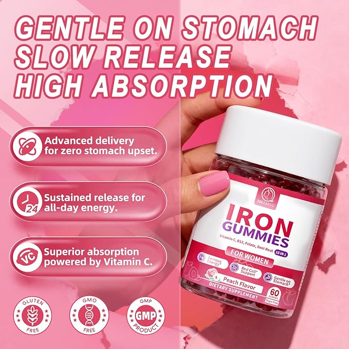 Iron Gummies for Women - Heme Iron for Max Absorption &amp Gentle on Stomach 10-in-1 with Vitamin C B12 Folate Supports Energy Focus &amp Red Blood* Cell* Wellness Peach Flavor 60 Counts (2 P