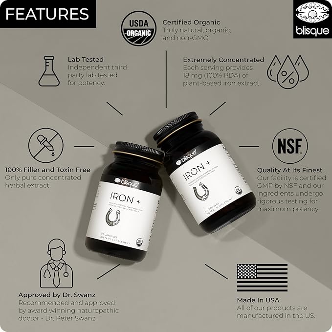 Blisque - Organic Plant-Based Iron Formula for Blood Health Immune Support and Energy | from Organic Curry Leaf Extract | 90 Capsules