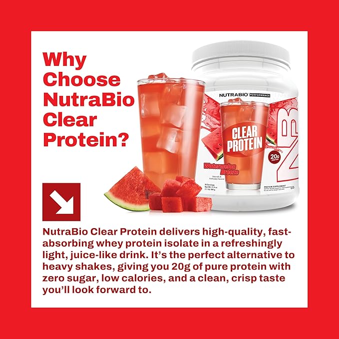 NutraBio Clear Protein Powder Watermelon Breeze - 20 Servings 20g Clear Whey Protein Isolate 0 Sugar 0g Lactose Refreshing Fruit Flavors GLP1 Support -Bone Health - Muscle Post Workout Recovery