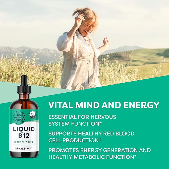 Vimergy USDA Organic Liquid Vitamin B12 Supplement 2500 mcg Methylcobalamin &amp Adenosylcobalamin Fast-Absorbing Energy Support Vegan Non-GMO B12 Vitamins for Women &amp Men 115 Serving (115 mL)