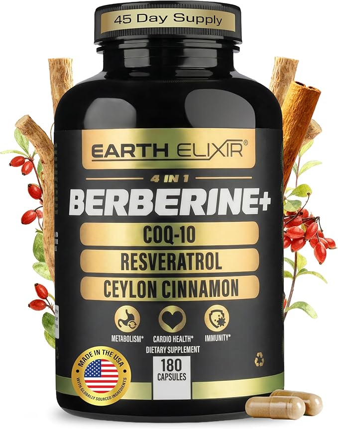 Earth Elixir 4-in-1 Berberine Supplement – Organic Berberine with Ceylon Cinnamon CoQ10 Ubiquinol and Resveratrol Powder – Metabolic &amp Cellular Energy Support 180 Vegan Capsules