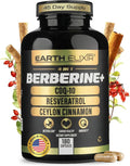 Earth Elixir 4-in-1 Berberine Supplement – Organic Berberine with Ceylon Cinnamon CoQ10 Ubiquinol and Resveratrol Powder – Metabolic &amp Cellular Energy Support 180 Vegan Capsules