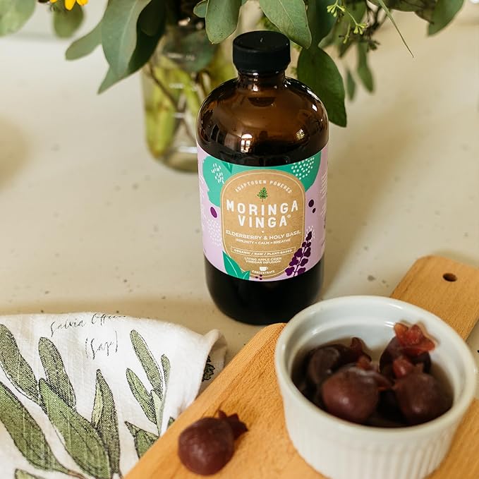 Elderberry &amp Holy Basil Moringa Infusion - Organic Immune Support Respiratory Wellness Stress Relief Herbal Tonic with Apple Cider Vinegar Ginger Hibiscus Honey - 100% Pure Non-GMO 8 oz