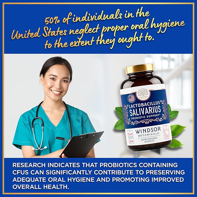 WINDSOR BOTANICALS Lactobacillus Salivarius Probiotic Capsules - L Salivarius Probiotic Oral Dental Probiotics for Bad Breath Teeth and Gums Health and Immune Support - 24bn CFU 2-Pack 120 Caps