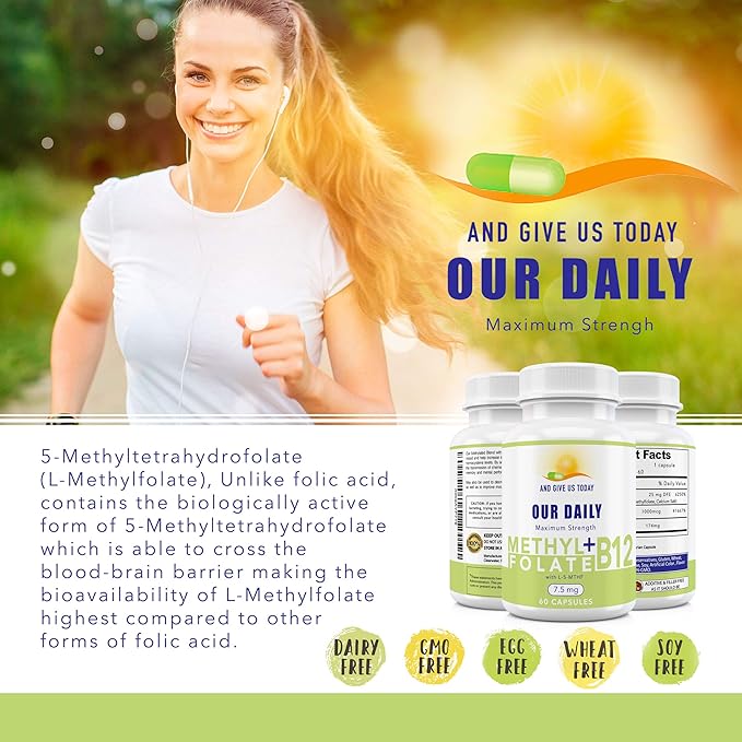 L-Methylfolate 7.5 mg N B 12 1000 mcg 60 Capsules - Methylated Glycine - Boost Mood Energy &amp Memory - Immune Support &amp VItamin Supplement for Men &amp Women - Non-GMO Vegetarian Capsules