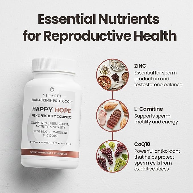 Vitasei Happy Hope Men’s Fertility Supplement – Zinc L-Carnitine &amp CoQ10 for Sperm Health Energy &amp Vitality – Supports Male Reproductive Wellness &amp Sperm Motility – Vegan &amp Gluten-Fr