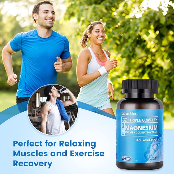 BioEmblem High Absorption Triple Magnesium Complex 300mg | Magnesium Glycinate for Nerves Malate for Energy Magnesium Supplement to Support Muscle Health | Vegan Non-GMO 180 Capsules