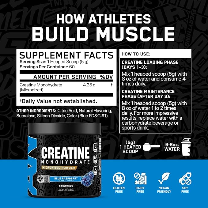 All Black Everything Creatine Monhydrate | 60 Servings | Blue Razz | Micronized Amino Acid Powder | Support Muscles | Cellular Energy | Cognitive Function | Gluten-Free and Keto Friendly