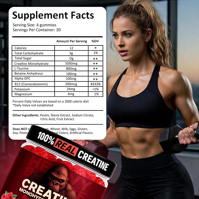 Creatine Monohydrate Gummies 5g Sugar Free Creatine with Vitamin B12 and L-Taurine | Muscle Growth for Men and Women | Low Calorie Formula 120 Gummies for 30 Servings Raspberry