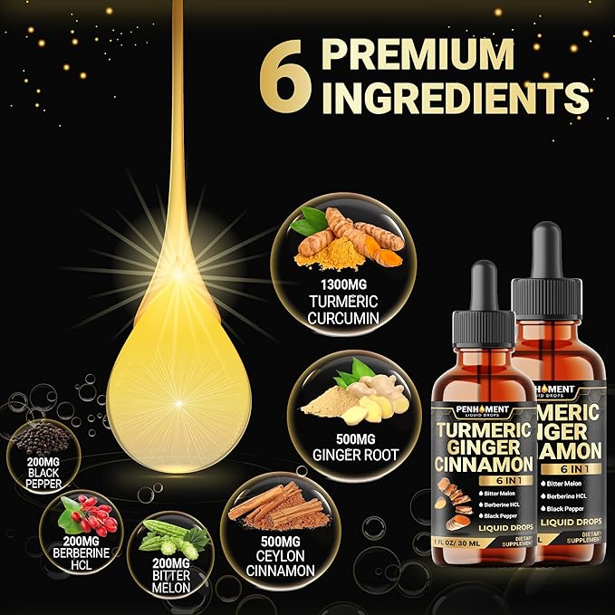 6in1 Liquid Turmeric Curcumin with Ginger Berberine Ceylon Cinnamon Bitter Melon Black Pepper - Drops Extract for Joint Support - 2Packs of 1 Fl Oz