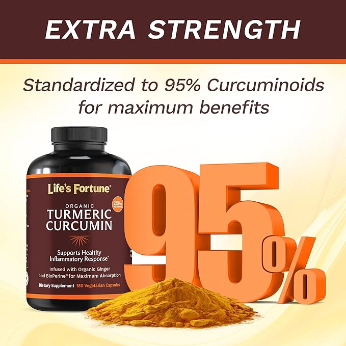 Life's Fortune Organic Turmeric Curcumin with Black Pepper and Ginger Enhanced Absorption Extra Strength Supplement Joint &amp Immune Support Non-GMO 180 Cap - 2250mg
