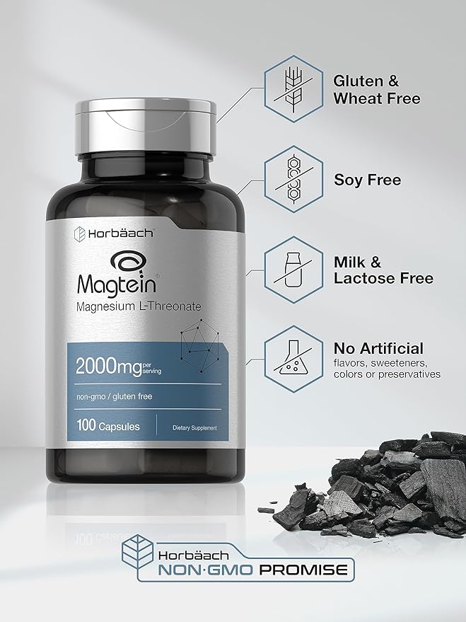 Horbäach Magtein Magnesium L-Threonate | 2000mg Supplement | 100 Capsules | for Men &amp Women | Non-GMO and Gluten Free
