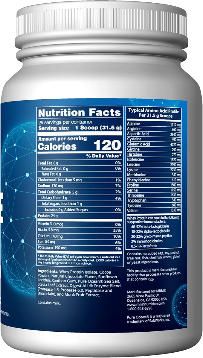 MRM Nutrition Isolate Whey Protein | Chocolate Flavored | 24g Protein per Serving | Naturally Occurring BCAAs’ | with Digestive Enzymes | Whey Protein Powder | Hormone + Antibiotic Free | 29 Servings