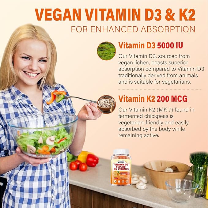 2Packs Vitamin D3 K2 Gummies for Adults Sugar-Free Vitamin D3 5000IU + K2(MK-7) 200mcg Supplement with Vitamin B Complex &amp Vitamin C E Supports Bone Muscle Teeth &amp Immune Vegan Gluten Fre