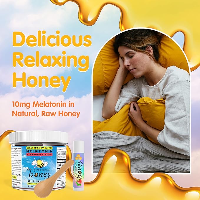 SUPER DUPER HONEY Calming Honey with 10mg Melatonin per Serving - Sweet Dreams &amp Tranquil Sleep - Pure Raw Unfiltered &amp Natural Formulation - Cinnamon Flavor - Made in USA - 1 Pound Jar
