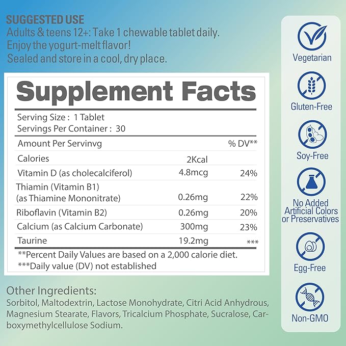 Cal-Zing Calcium with Taurine and Vitamin D3 Yogurt Chewable Supplements for Women and Men Strong Bones &amp Teeth Energy Support Laser Focus and Healthy Metabolism 90 Days Supply