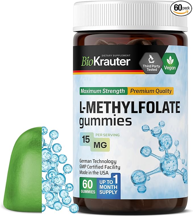 BIO KRAUTER® L Methylfolate Gummies for Folic Support - Folic Acid Gummies (Vitamin B9) MTHF Supplement for Mood Support - Folate Supplement 15 mg L-Methylfolate per Serving 60 Vegan Gummies
