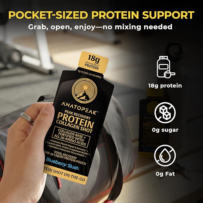 Peak Recovery Protein Collagen 1oz Shot Easy Protein Shots Protein Shots Liquid Collagen Collagen Peptides Protein Drinks 24 Ct Pouches Per Box (Natural Blueberry)