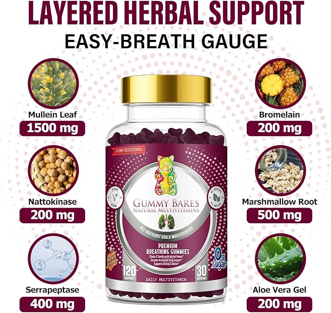 Mullein Leaf &amp Marshmallow Root Gummies – Lung Cleanse &amp Mucus Removal with Bromelain Nattokinase Serrapeptase Detox 120 ct | Gummy Bares