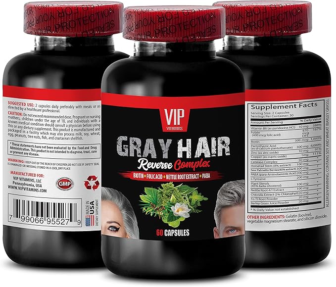 Gray hair reversal for women and men - GRAY HAIR REVERSE COMPLEX - Biotin Vitamin B-6 PABA Fo-Ti Root Powder Catalase Complex Stinging Nettle Root Barley Grass Juice 2 Bottles 120 Capsules
