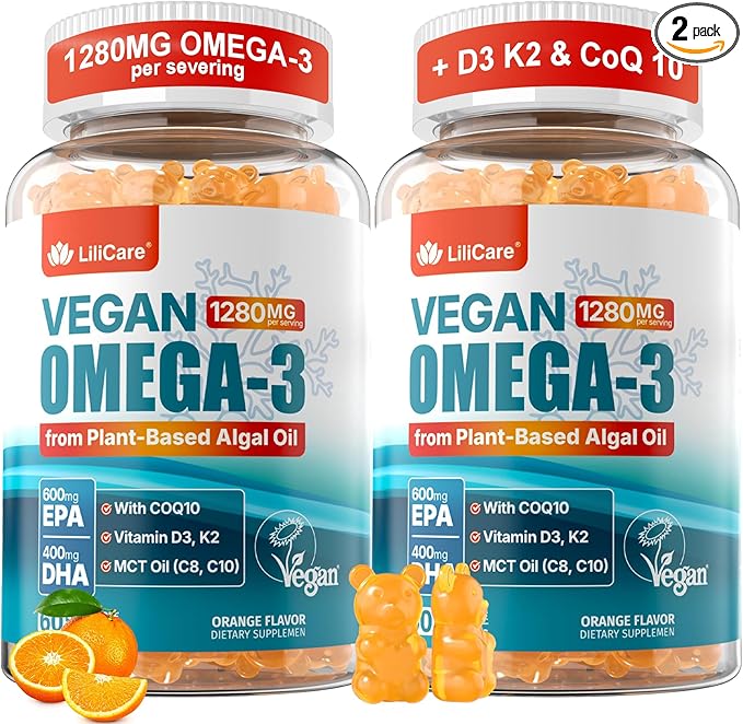 Vegan Omega-3 Gummies 1280mg + COQ10+ Vitamin D3 K2 (MK7) Omega 3 Fish Oil Alternative for Adults w/EPA 600mg &amp DHA 400mg &amp MCT Oil No Fish Taste from Marine Algae for Brain Eye Immunity