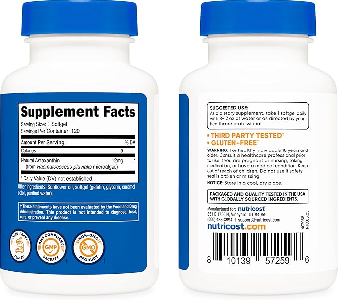 Nutricost Astaxanthin 12mg Non-GMO and Gluten Free 120 Softgels (4 Month Supply)