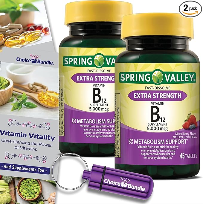Spring Valley Vitamin B12 Fast Dissolve Tablets Extra Strength Metabolism Support 5000 mcg 45 Ct 2 pk (90 Total) + Vitamin Vitality &amp Pill Buddy (4 Items)!
