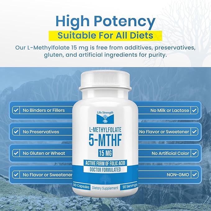 L Methylfolate 15mg | 90 Capsules | Optimized &amp Highly Bioactive Methyl Folate Supplement | 5-MTHF Supports for Energy Focus &amp Mood | Non-GMO Gluten Free Vegan | 3 Month Supply