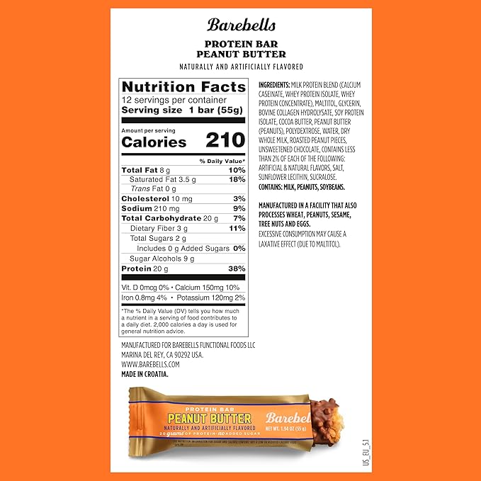 Barebells Protein Bars Peanut Butter - 12 Count 20g High Protein Treats - Chocolate Nutrition Bar with 1g Total Sugars - On-The-Go Breakfast or Post-Workout Snack