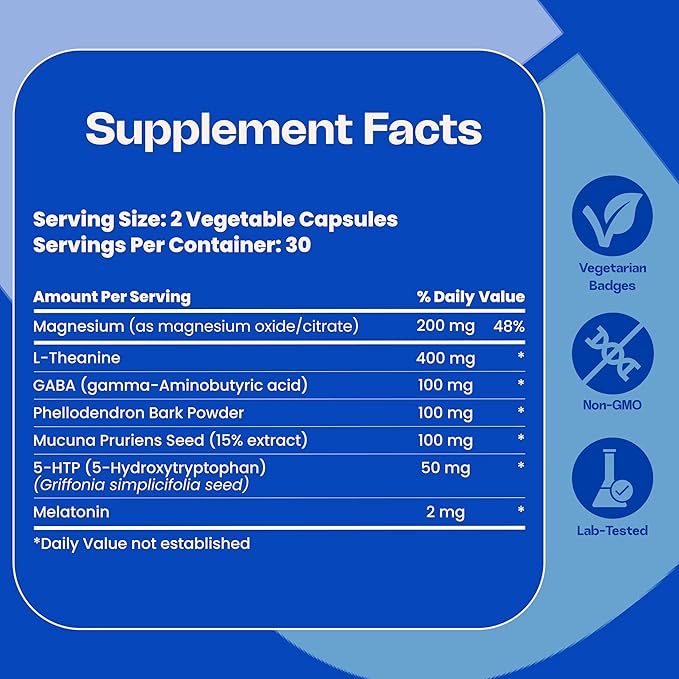 Magnesium Citrate Capsules 200mg for Stress and Sleep Support (1 Month Supply) - Unflavored GABA L-Theanine Supplement to Support Focus Mood and Energy Levels - Veg Calm Magnesium Citrate with 5 HTP