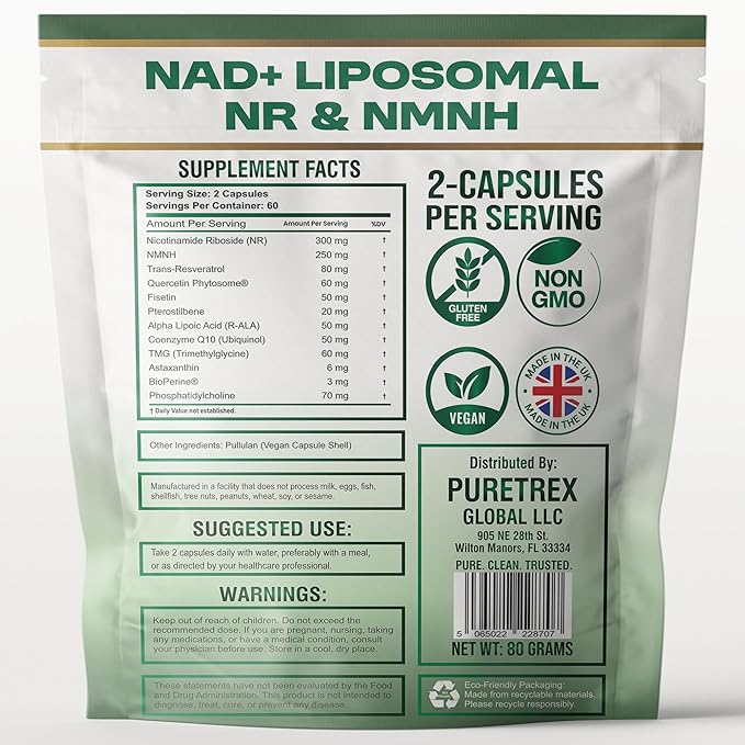 Liposomal NAD+ NR &amp NMNH Supplement | 1000mg Nicotinamide Riboside + Resveratrol | Advanced Cellular Energy &amp Brain Support | 120 Vegan Capsules