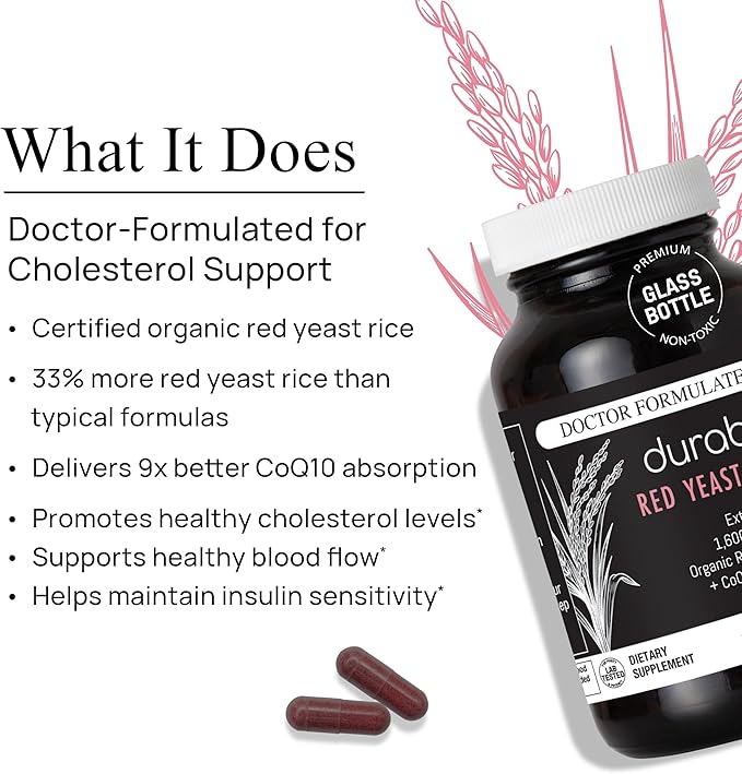 Durable RED Yeast Rice – Organic 1600 mg Extra Strength + CoQ10 Phytosome – Supports Healthy Cholesterol Heart Lipids &amp Circulation – Doctor Formulated Non-GMO Vegan Made in USA (60 Capsules