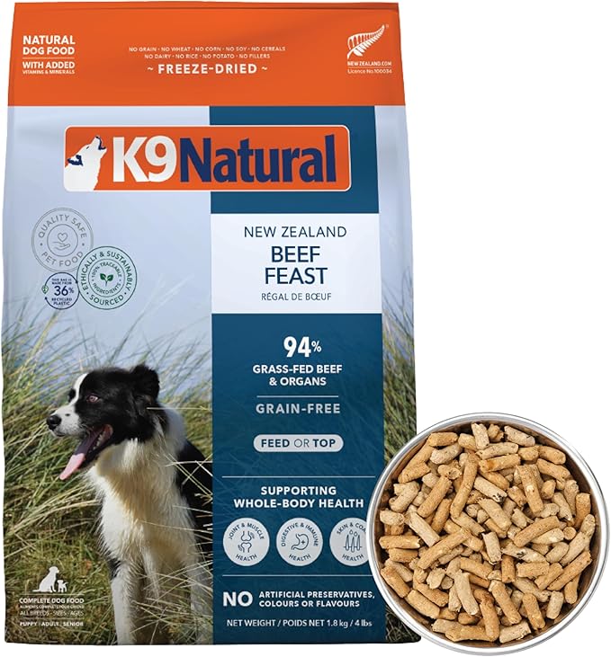 K9 Natural Beef Freeze Dried Dog Food High-Meat Natural Complete Meal or Meal Toppers for Dogs Grass-Fed Beef from New Zealand Grain-Free GMO-Free Complete &amp Balanced Nutrition 4lb