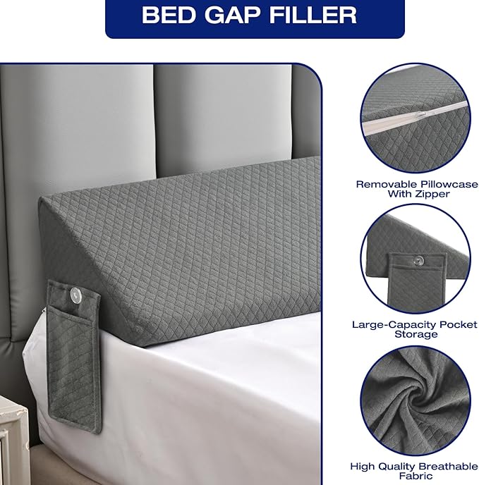 Queen Bed Wedge Pillow for Bed Headboard Gap Filler Light Grey Long Triangle Corner Nora PillowsDense FoamAvoid Things DropsBetween Queen Mattress and FramesUpraise Pillow for Sleeping Bedding