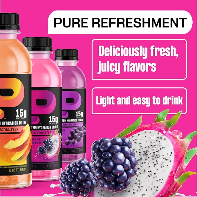 Protein2o Hydration Drink - 2-in-1 Liquid Clear Whey Protein Isolate and Electrolyte Drink - 15g Protein Vitamins B5 B6 - Post-Workout Recovery - 16.9 Fl Oz - 12 Count Dragon fruit Blackberry