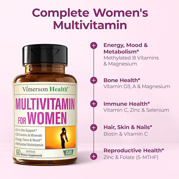 Multivitamin for Women with Methylated Vitamins and Chelated Minerals for Energy Focus and Immune Health – Premium Daily Womens Multivitamins &amp Multiminerals – 60 Capsules