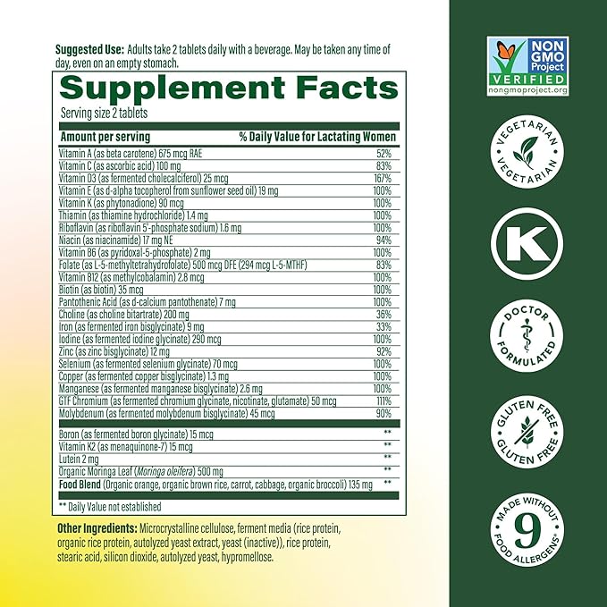 MegaFood Baby &amp Me 2 Postnatal Vitamins for Women Breastfeeding with Folate (Folic Acid Natural Form) Choline Iodine Vitamin D Moringa Leaf and More - 60 Tabs (30 Servings)