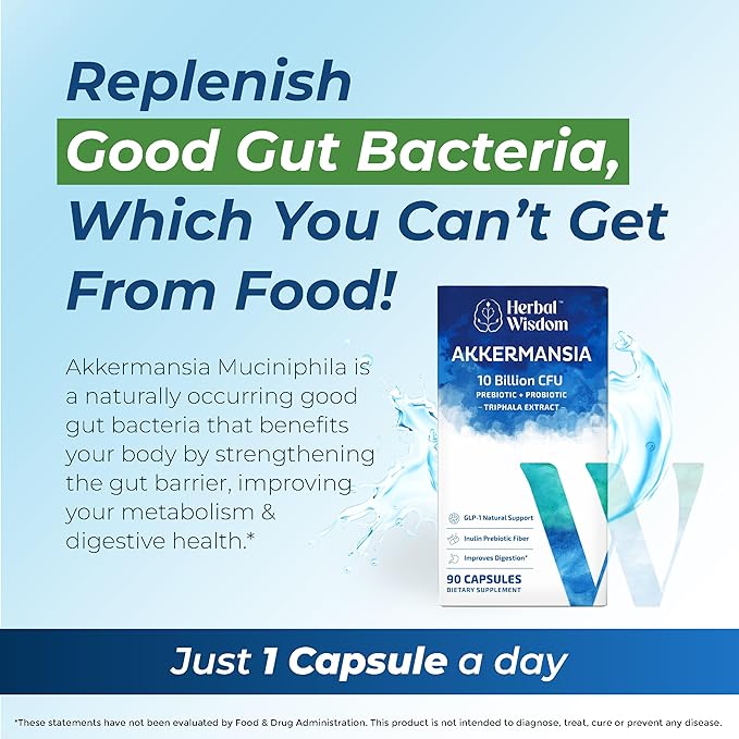 Akkermansia Probiotic 10 Billion CFU - Advanced GLP-1 Support Probiotic+Prebiotic | for Gut &amp Metabolism Support - No Bloating | with Inulin &amp Triphala | (90 Capsules - 3 Month Supply)