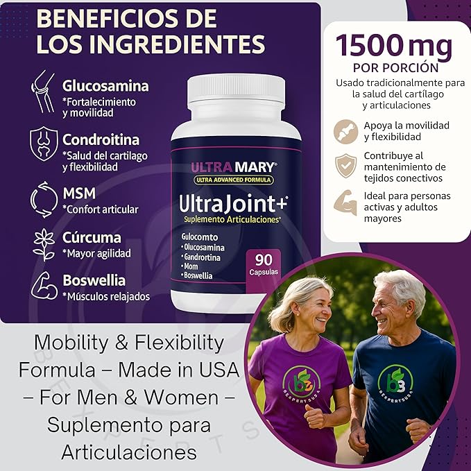 Joint Support UltraMary+(90 Capsules)+Pure Magnesium Oil Spray(300 ml) Combo–Glucosamine 1500mg Chondroitin MSMTurmeric &amp Boswellia–Mobility Flexibility &amp Muscle Relief|Articulaciones &amp