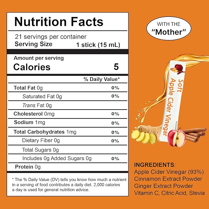 MODERN GURU Apple Cider Vinegar Packets with the Mother – ACV Drink Sticks | 93% ACV with Ginger &amp Cinnamon | Sugar-Free Supports Digestion &amp Detox Low-Calorie | Travel Size On-the-Go Packet