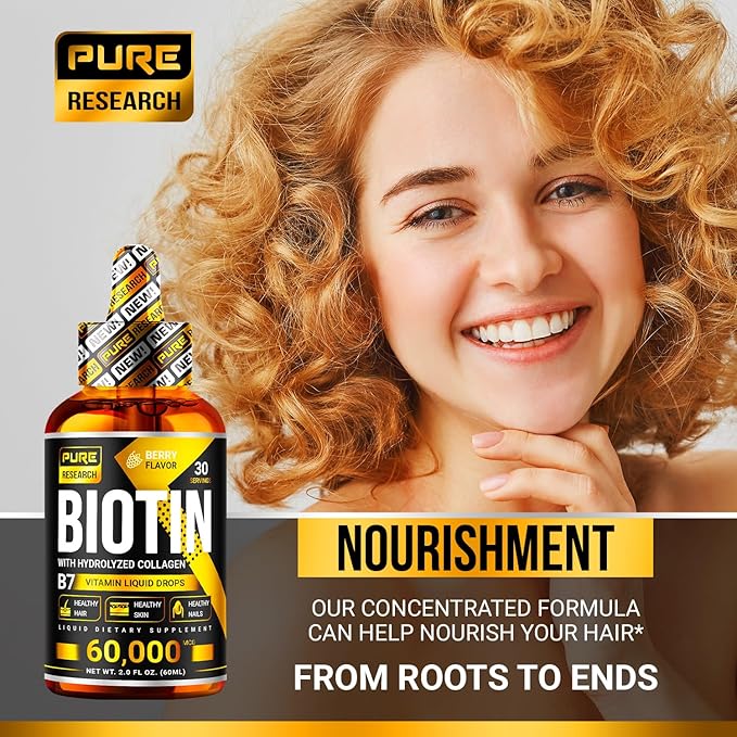 PURE RESEARCH Biotin &amp Collagen 60000mcg Hair Growth Liquid Drops Supports: Strong Nails Glowing Skin Healthy Hair Growth More Absorption Than Capsules &amp Pills (4Fl Oz)