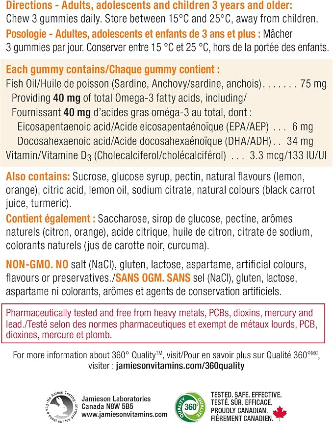 Jamieson Omega-3 Gummies Family Friendly Assorted Fruit Flavours 90 Count