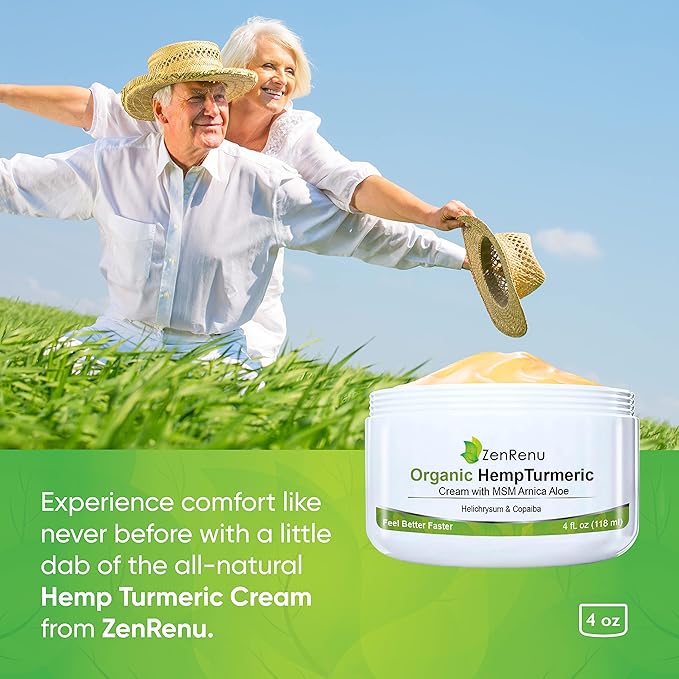 Zenrenu Organic Hemp Turmeric Cream with Arnica MSM Hemp Oil Extract &amp 7 Essential Oils - Non Greasy &amp Fast Absorbing for Any Areas of Discomfort 4 oz