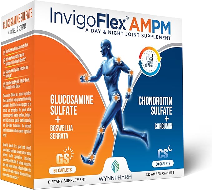 INVIGOFLEX® AMPM - Glucosamine &amp Chondroitin Sulfate - Turmeric Curcumin - Boswellia Serrata (Non GMO) for Knees Hands Back and Hip 24 - Hour Premium Joint Supplement