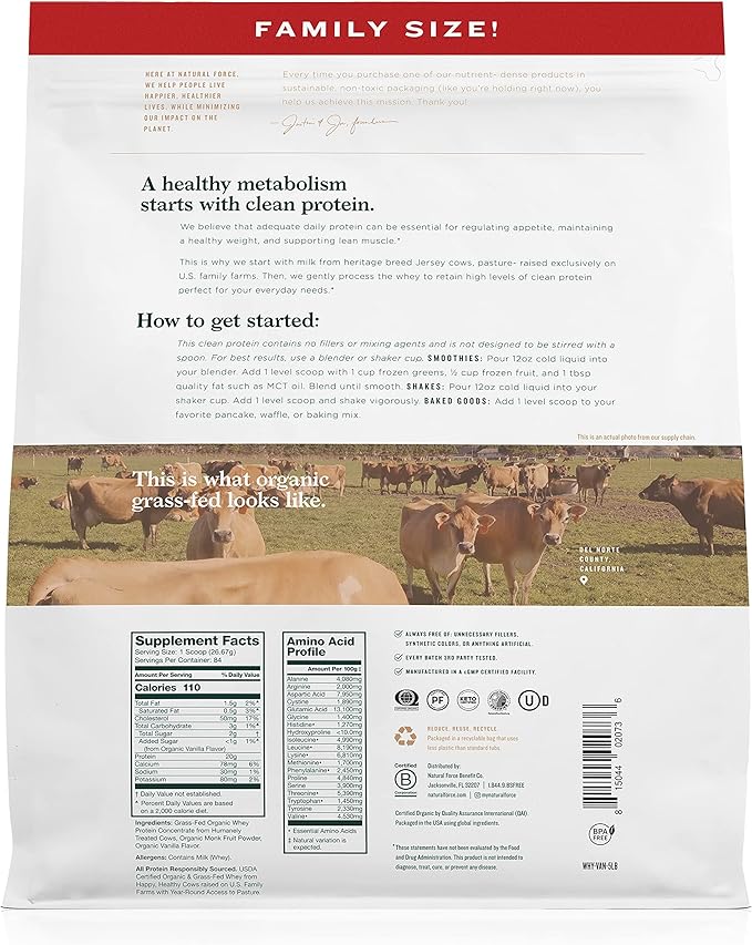 Natural Force Grass Fed Organic Whey Protein Powder Vanilla Flavor 5 lb Organic Clean Collagen Peptides Powder Unflavored 10.7oz
